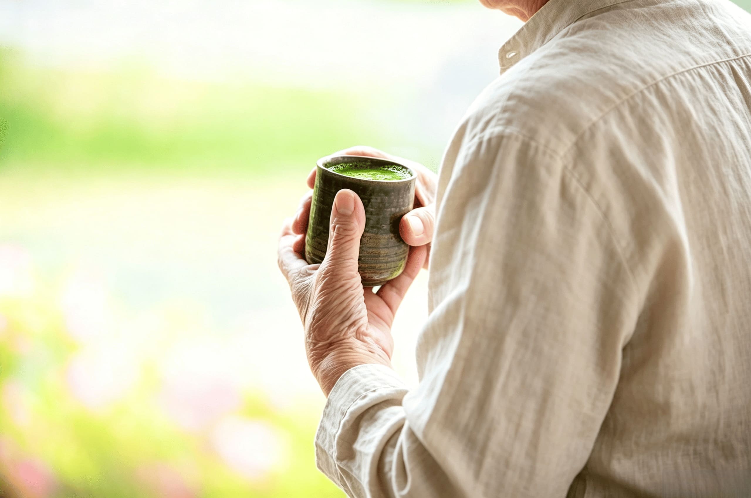 elderly drinking matcha